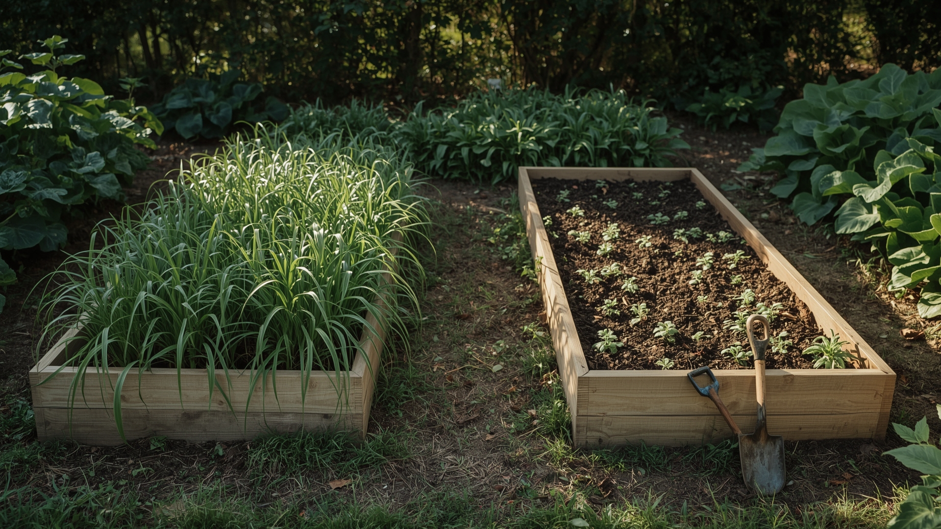 Two raised garden beds showing cover crop rotation stages in backyard vegetable garden