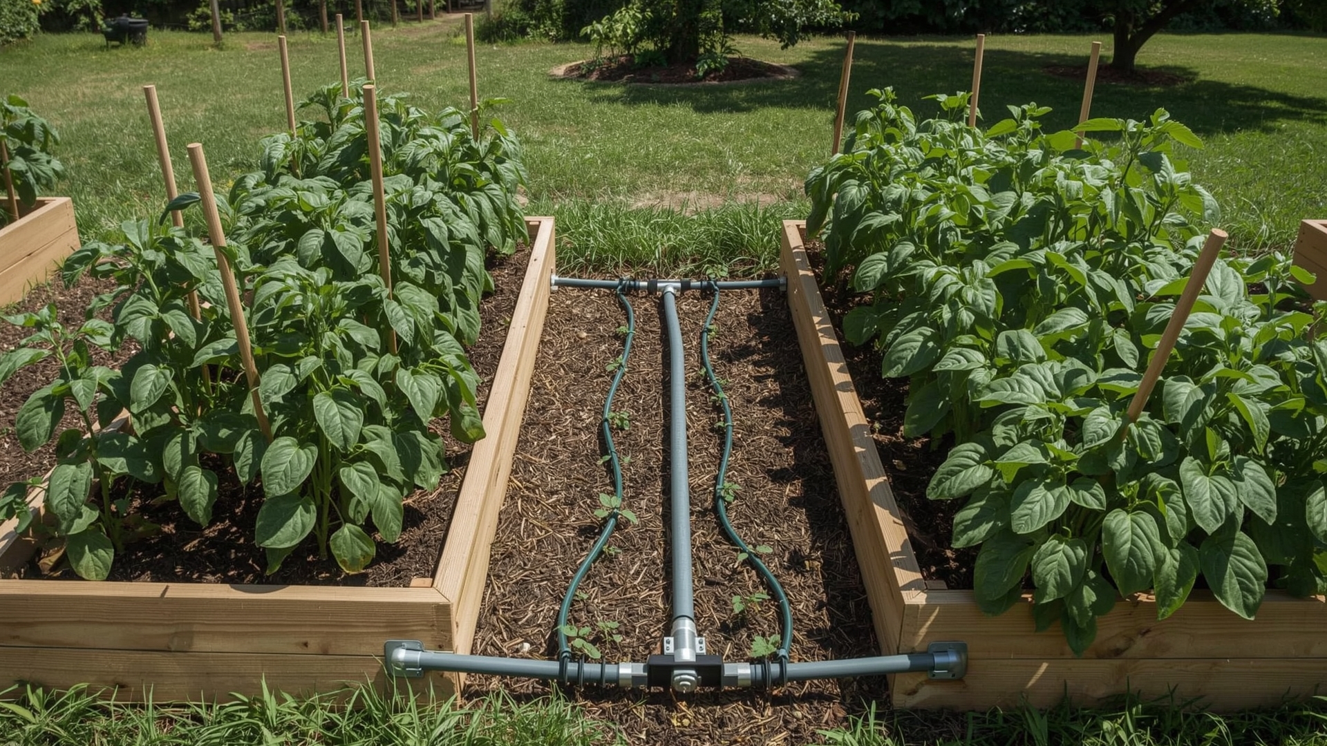 Vegetable garden raised beds showing main drip irrigation line branching into lateral drip tape rows