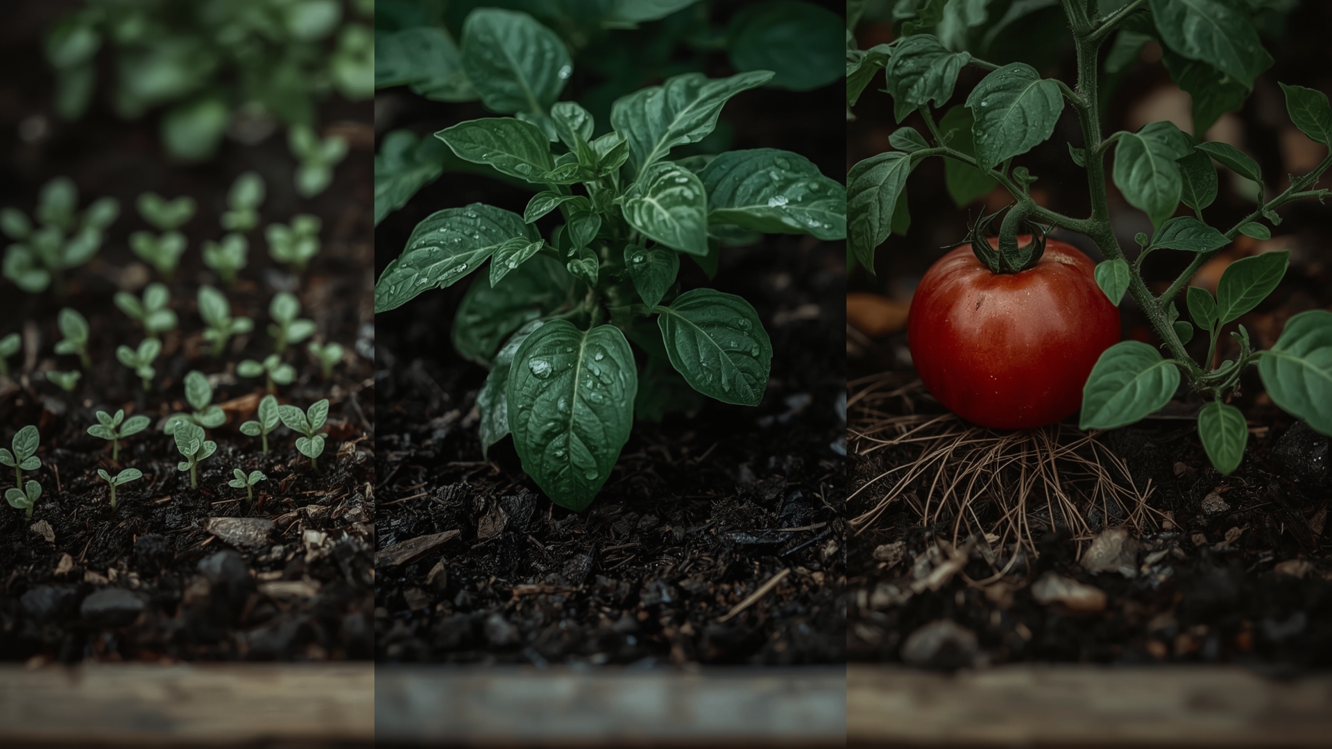 Vegetable plant growth stages in raised bed from seedling to fruiting tomato