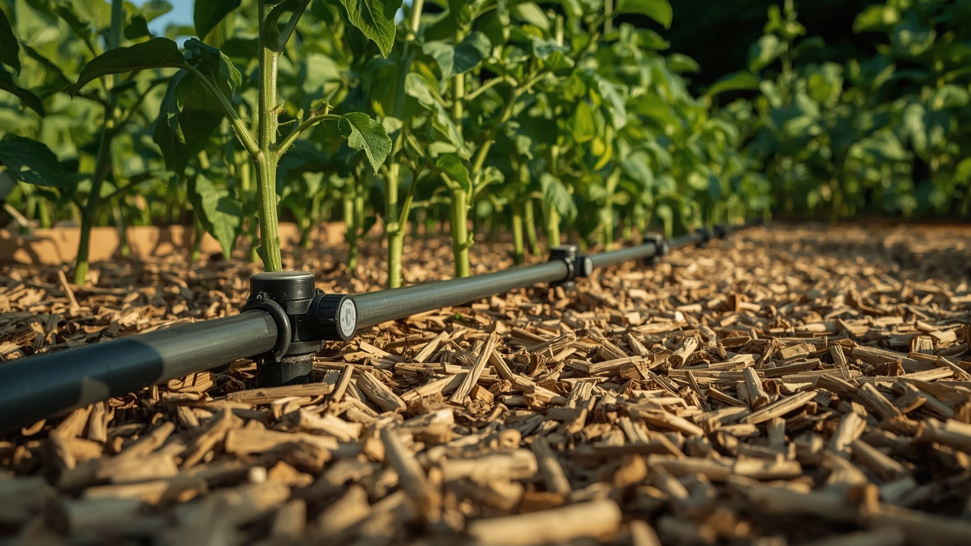 Well-maintained drip irrigation system with inline filter and mulch covering emitters in vegetable garden
