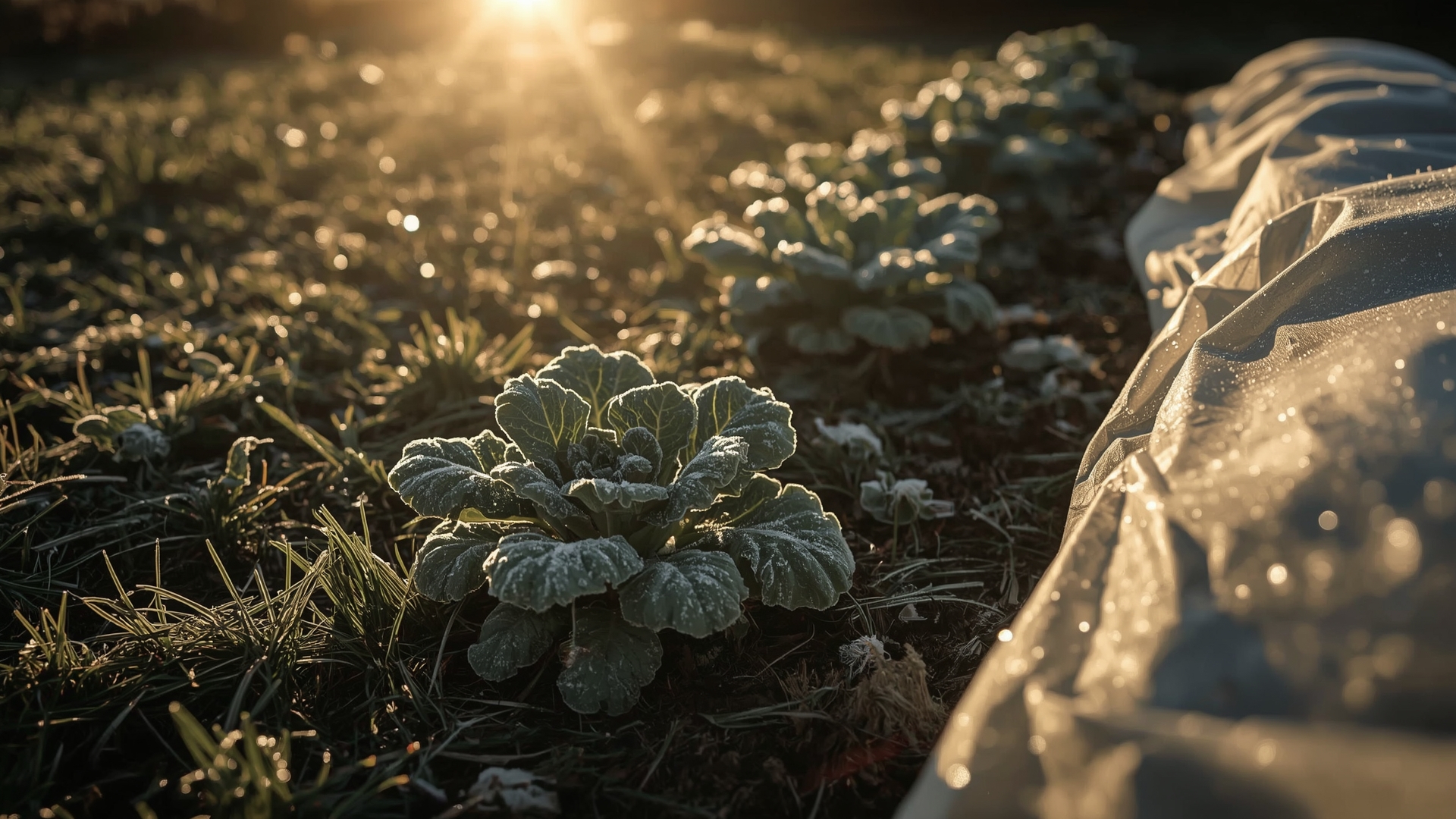 White row cover fabric draped over vegetable garden plants with frost crystals on surrounding grass at sunrise