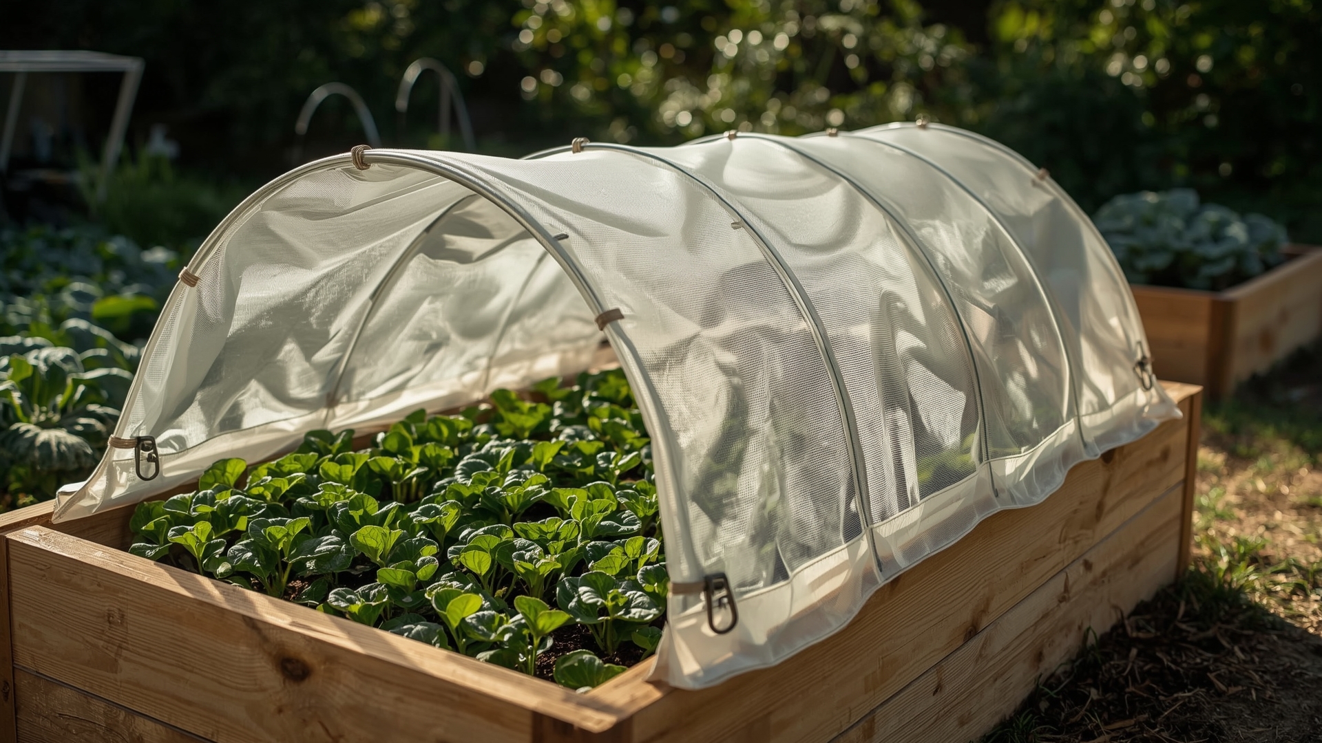 White row cover fabric secured with clips over hoops on a raised vegetable garden bed